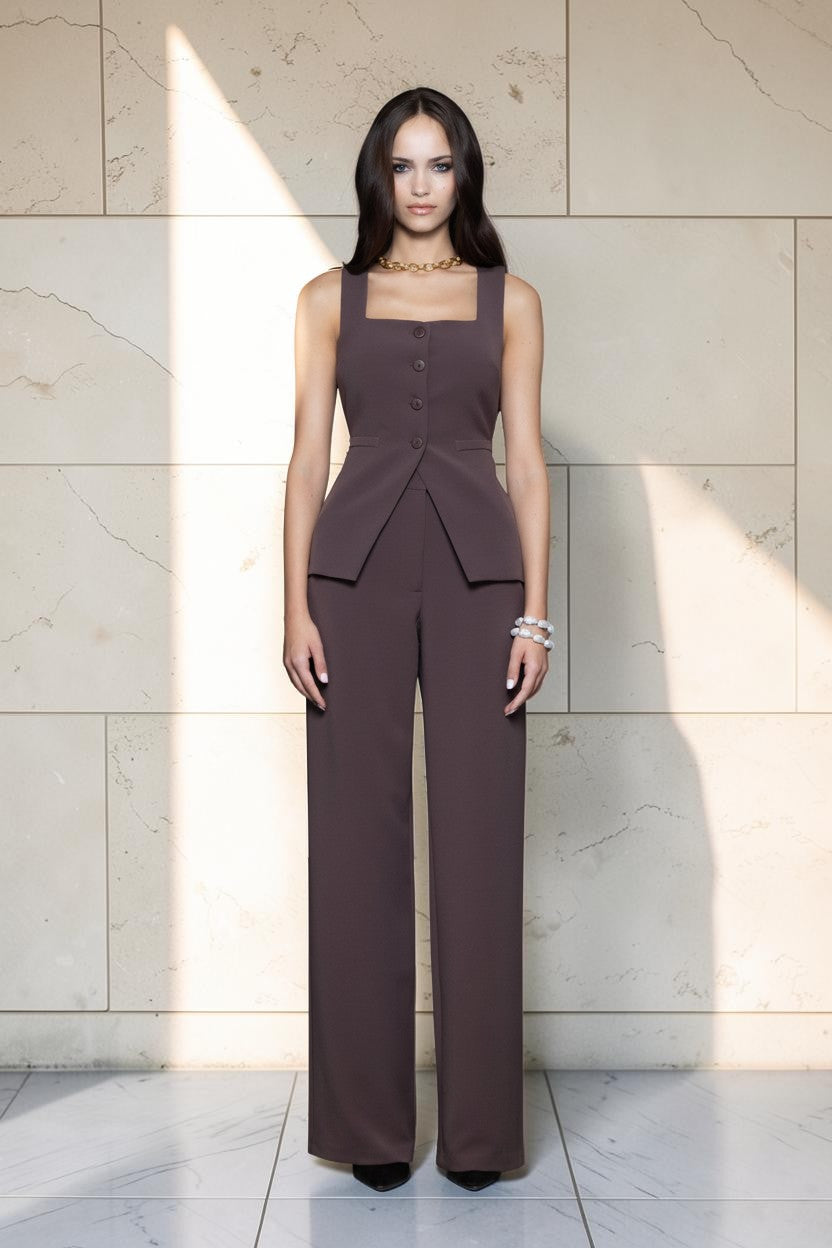 Artekozio Anisa Pants: women's brown wide-leg trousers with a high waist and button-up vest top.