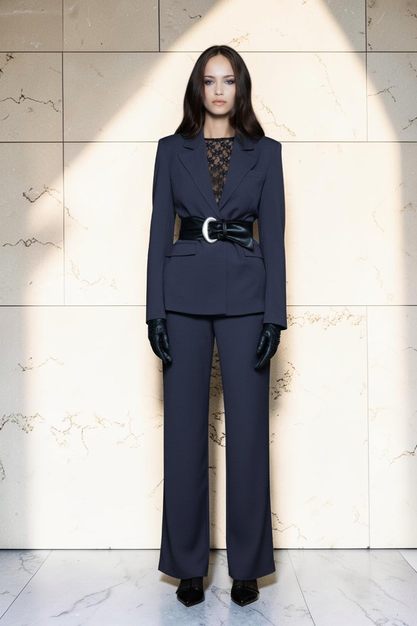 Artekozio navy blue wide-leg trousers with front pleats and side slits, styled with a black belt and gloves.